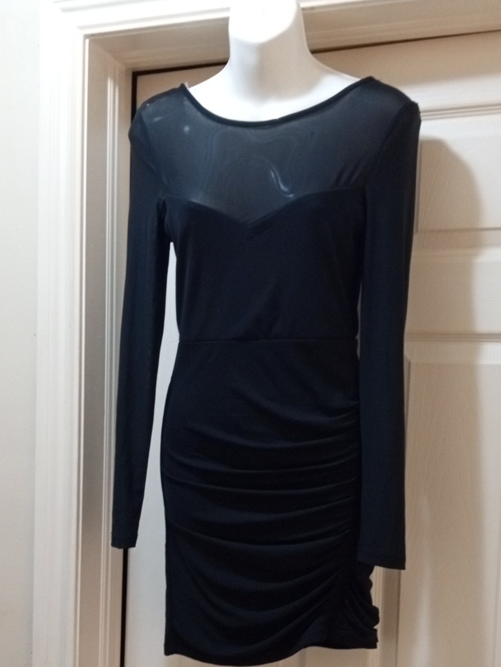 Revamped Black Long-Sleeve Sheer Yoke Ruched Bodycon Dress